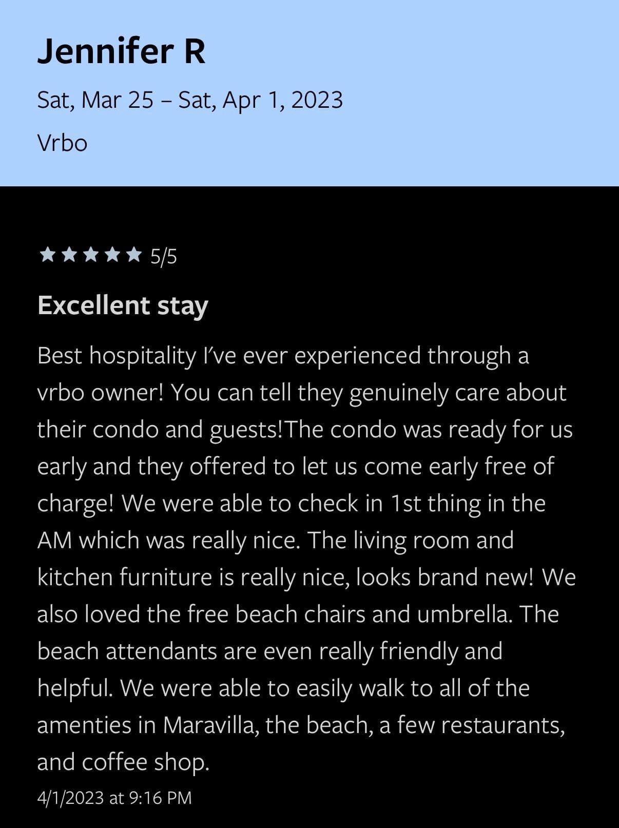 Five-star Vrbo review from Jennifer R praising excellent hospitality and condo amenities