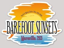Barefoot Sunsets Margarita Bar logo with orange sunset sky and blue water design